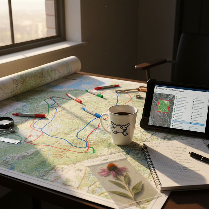 Field biologist's desk with Central Texas vegetation map, IPaC tablet, and plant species checklist notebook