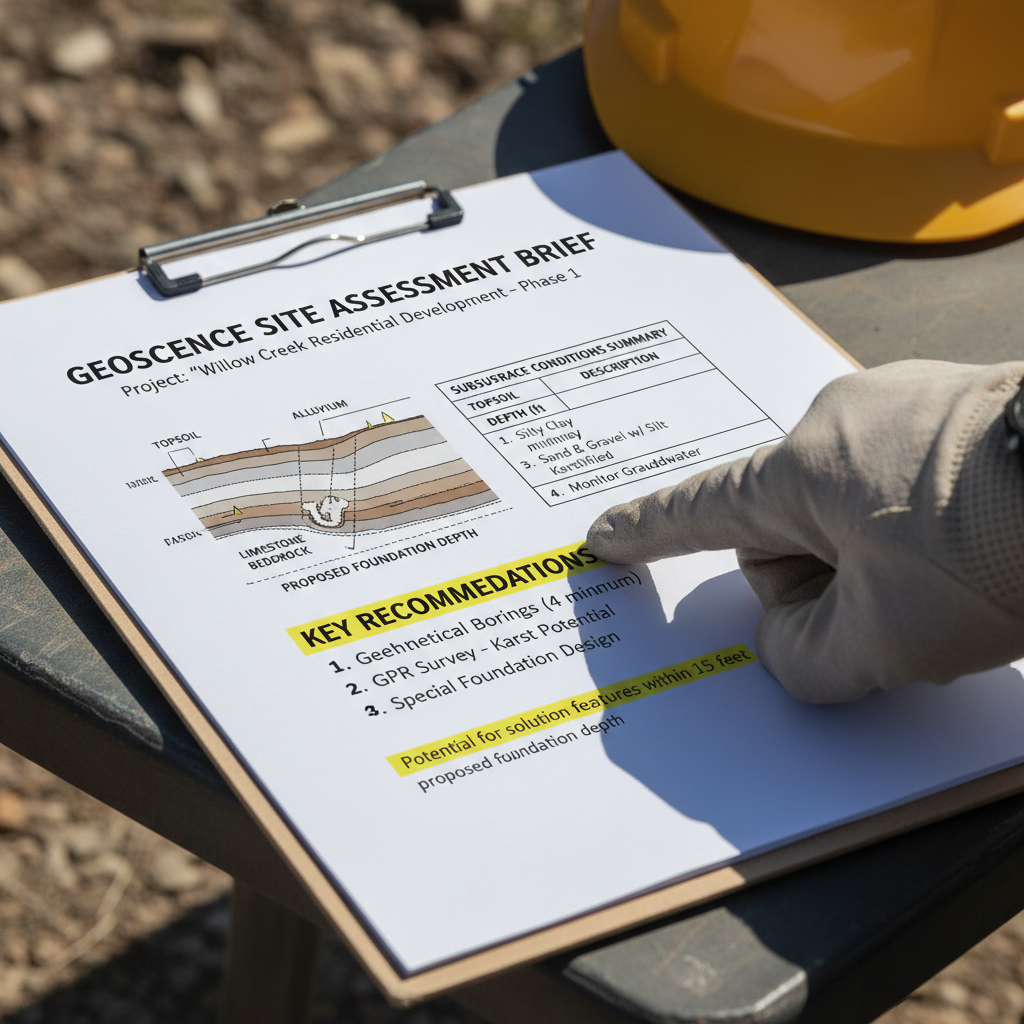Close-up of completed Geoscience Site Assessment Brief document with cross-section diagram and geologist pointing to subsurface findings