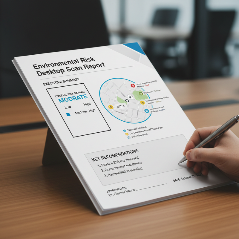Environmental Risk Desktop Scan report showing risk rating, half-mile radius concern map, and recommendations with hand signing the page