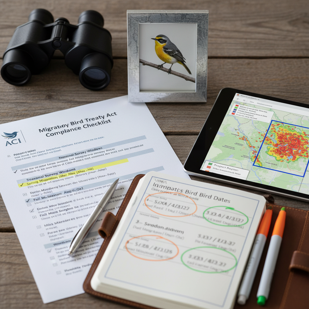 MBTA compliance checklist on ACI letterhead with seasonal survey windows, eBird data layer on tablet, and golden-cheeked warbler photo