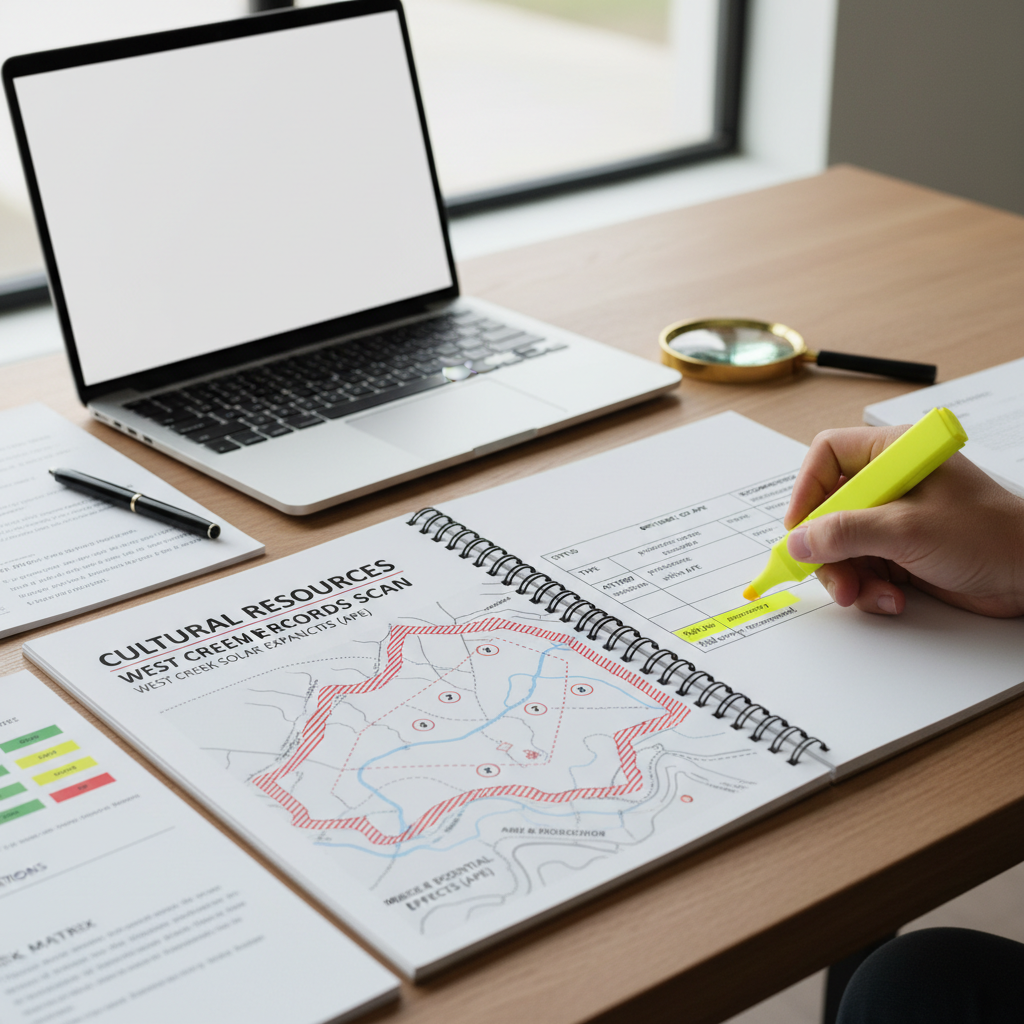 Cultural Resources Records Scan report with APE map, previously recorded sites table, risk matrix, and field survey recommendation highlighted