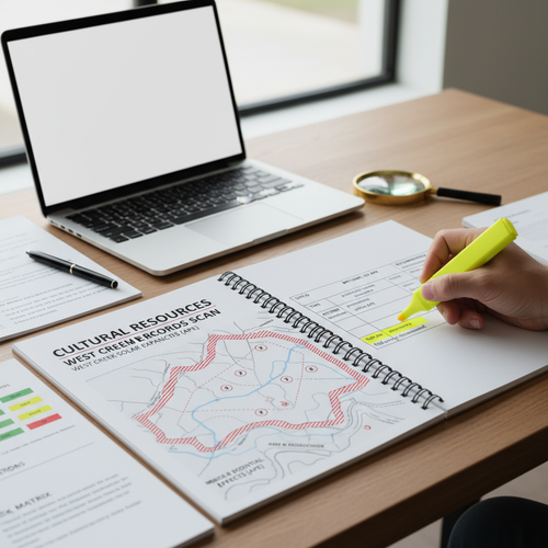 Cultural Resources Records Scan report with APE map, previously recorded sites table, risk matrix, and field survey recommendation highlighted
