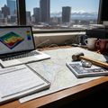 Geologist's desk with Front Range geologic map, 3D subsurface model on laptop, rock hammer, and Geoscience Site Assessment Brief