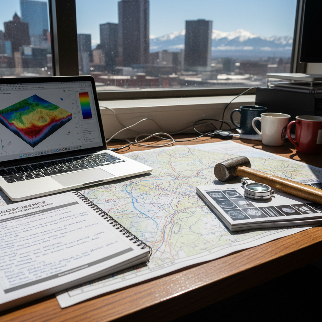 Geologist's desk with Front Range geologic map, 3D subsurface model on laptop, rock hammer, and Geoscience Site Assessment Brief