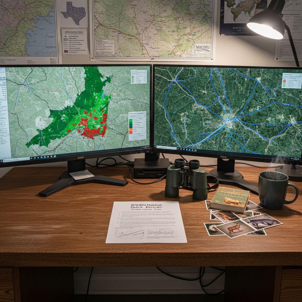 ACI biologist workstation with dual screens showing habitat suitability model and satellite imagery with wildlife corridors