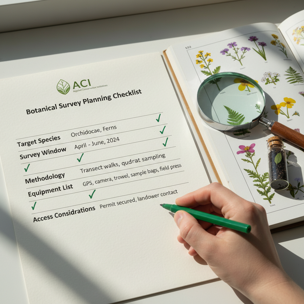 Botanical survey planning checklist on ACI letterhead with green pen checking off items