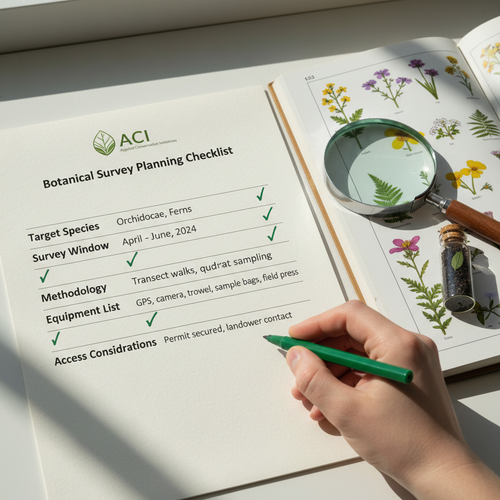 Botanical survey planning checklist on ACI letterhead with green pen checking off items