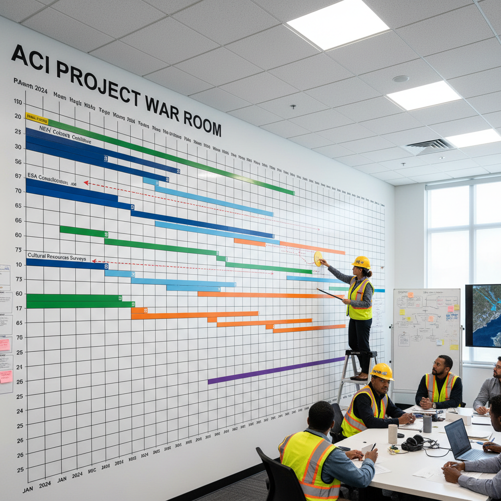 ACI project manager adjusting wall-mounted 24-month regulatory Gantt chart with NEPA, ESA, CWA, and permitting workstreams