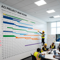 ACI project manager adjusting wall-mounted 24-month regulatory Gantt chart with NEPA, ESA, CWA, and permitting workstreams