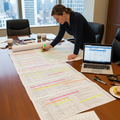 ACI environmental scientist cross-referencing regulatory database search results against project parcel map with EPA Envirofacts on laptop