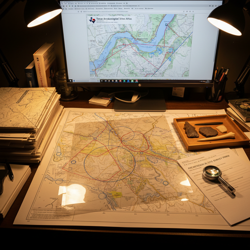 Archeologist's desk with Texas Archeological Sites Atlas on monitor, project map with site overlays, and USGS quadrangles